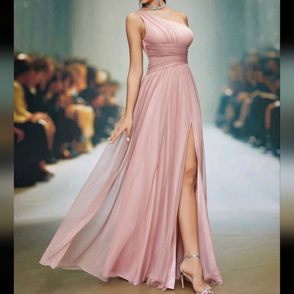 Asymmetric One Shoulder Ruched Chest Hollow Out High Split A-Line Mesh Dress - Picture 1 of 4